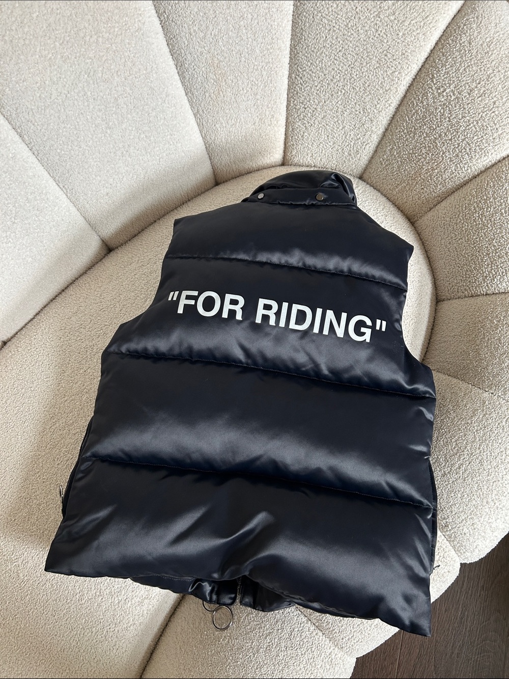Off-White Kids Black Puffer Vest with "FOR RIDING" Text